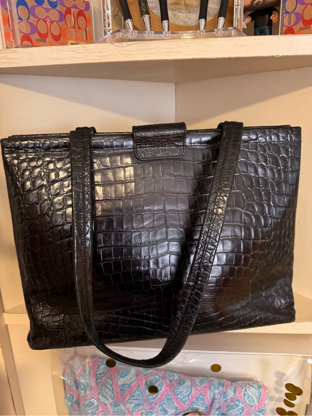 Salvatore Ferragamo Black Croc-Embossed Leather Bag with Gold Hardware